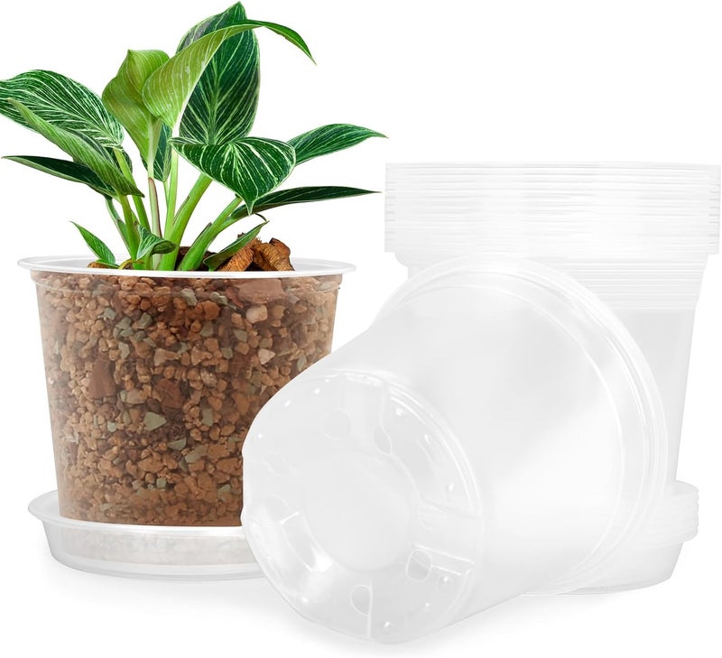 FUIJOL 6 Inch Clear Nursery Pots for Plants with Sacuers 15 Pack, Plastic Flower Pots with Drainage Holes, Variety Pack Seedlings Garden Pot for Indoor Outdoor (6 inch) - Image 1